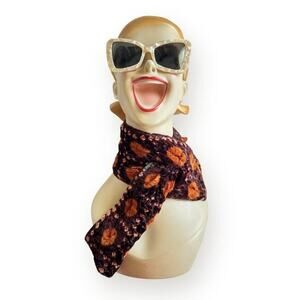 Block Print Reversible Velvet Vintage Pull Through Scarf Orange Mauve Brown 28”